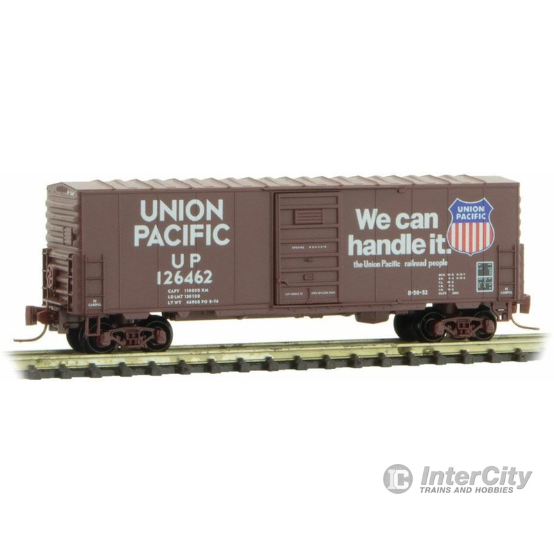 Micro Trains Z 50300192 40' Single-Door Boxcar No Roofwalk - Ready to Run -- Union Pacific 126462 (Boxcar Red, Large Shield, We Can Handle It Slogan)