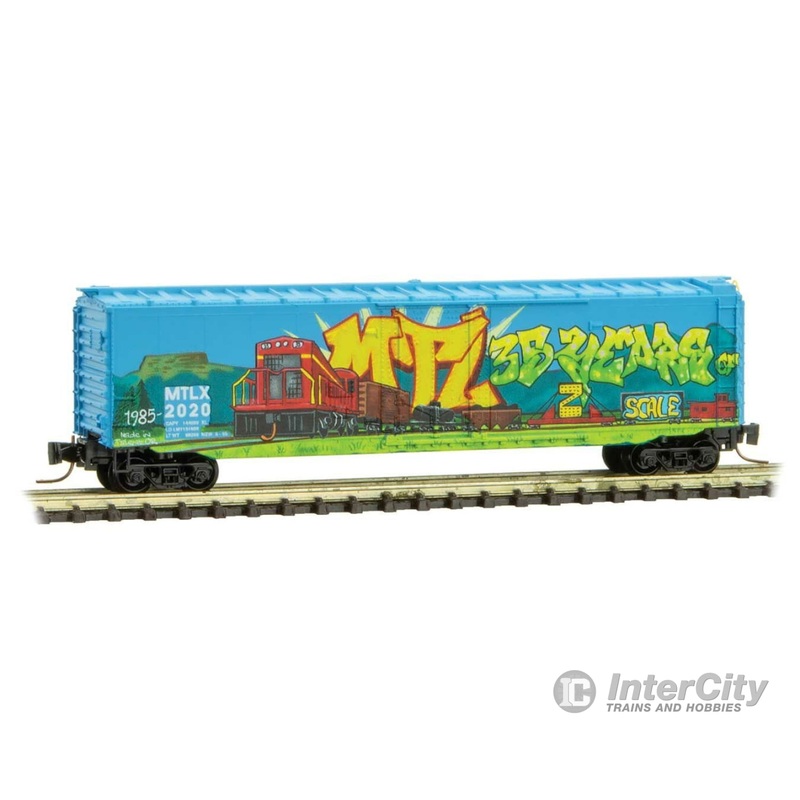 Micro Trains Z 50700520 50' Plug-Door Boxcar - Ready to Run -- Micro-Trains Z Scale 35th Anniversary Car (blue, Graffiti)