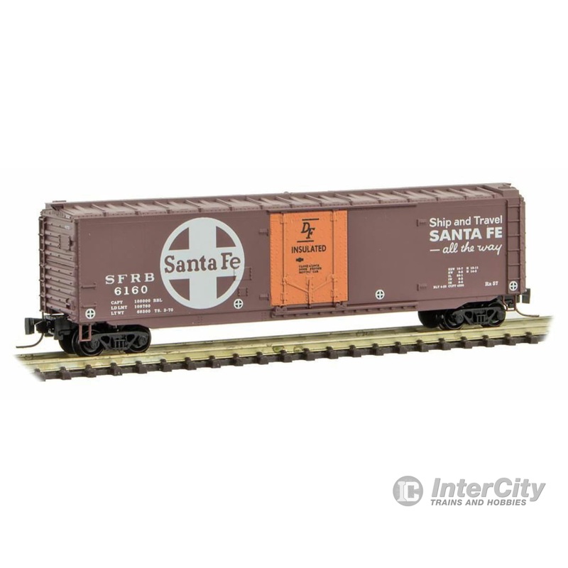 Micro Trains Z 50700651 50' Plug-Door Boxcar - Ready to Run -- Santa Fe #6160 (Boxcar Red, orange Door, Large Logo, Ship & Travel Slogan)