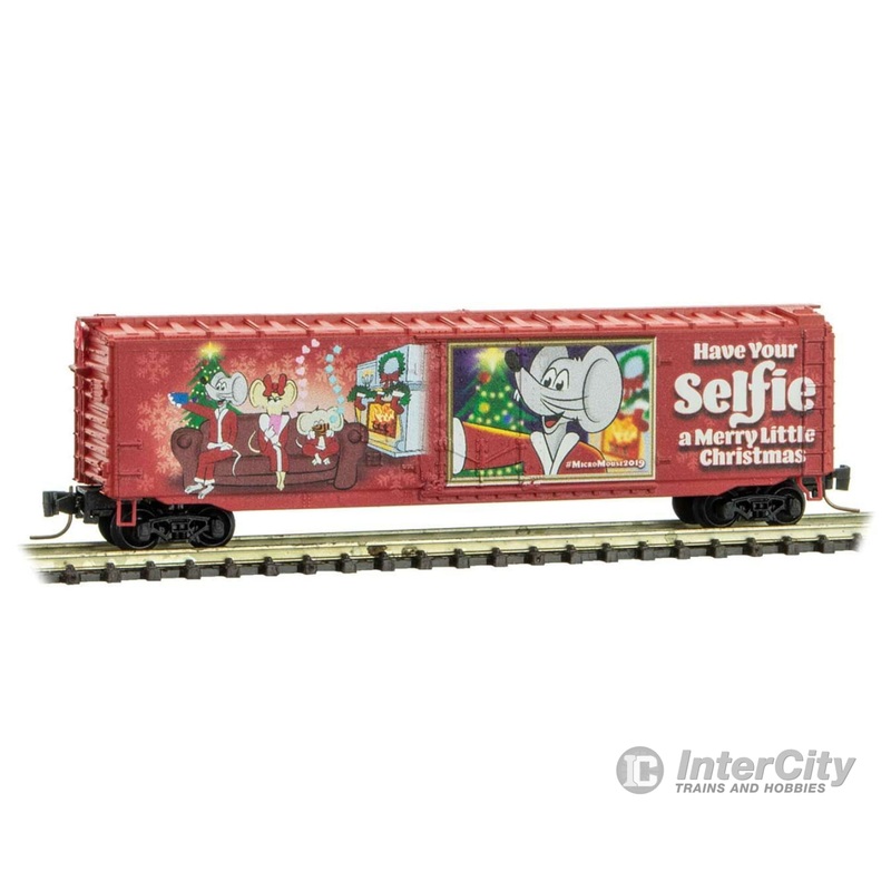 Micro Trains Z 50700670 50' Plug-Door Boxcar - Ready to Run -- Micro-Mouse 2019 Christmas Car (red with graphics)