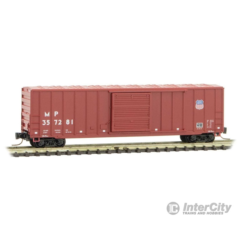 Micro Trains Z 51000452 50' Rib-Side Single-Door Boxcar No Roofwalk - Ready to Run -- Union Pacific MP 357281 (Boxcar Red, Shield Logo, white conspicuity marks)