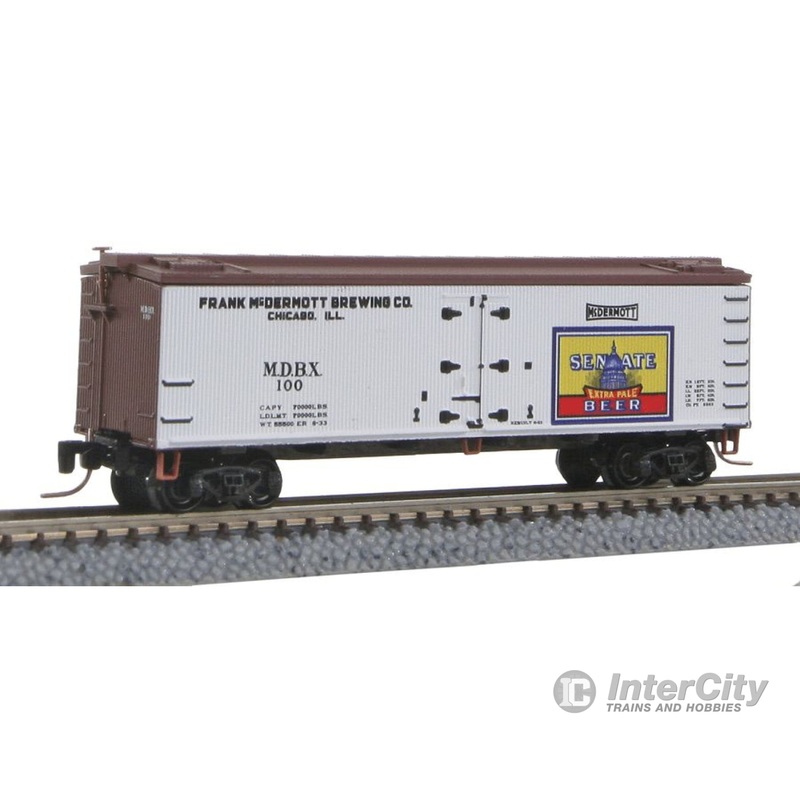 Micro Trains Z 51800300 40' Wood-Sheathed Ice Reefer - Ready to Run -- Senate Brewing Co. MDBX #100 (white, Boxcar Red, yellow, #10 Brewery Series)