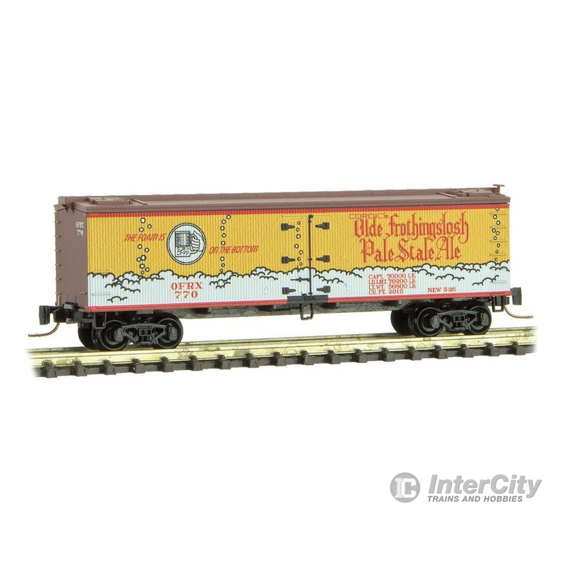 Micro Trains Z 51800420 40' Wood-Sheathed Ice Reefer - Ready to Run -- Olde Frothingslosh Ale OFRX #770 (yellow, Boxcar Red, white, red)