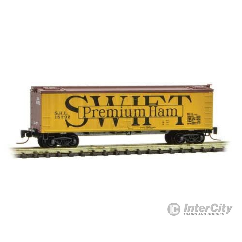 Micro Trains Z 51800582 40' Wood-Sheathed Ice Reefer - Ready to Run -- Swift Refrigerator Line 18792 (yellow, Boxcar Red, Premium Ham)
