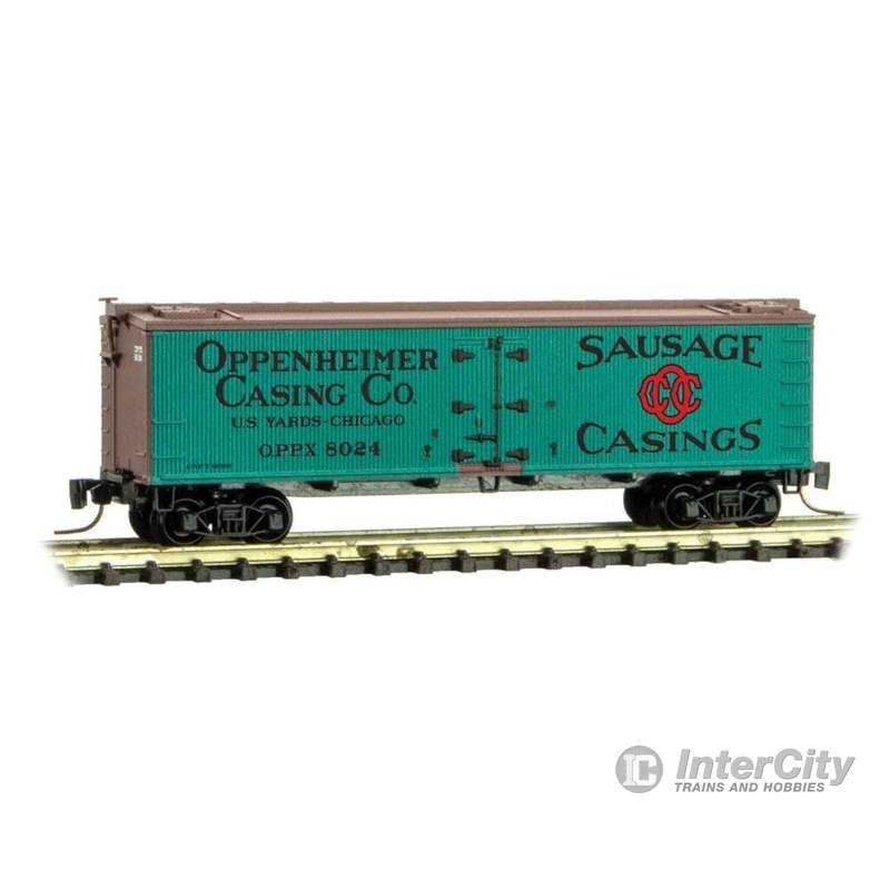 Micro Trains Z 51800691 40' Wood-Sheathed Ice Reefer - Ready to Run -- Oppenheimer Casing Co. 8024 (green, Boxcar red, black, red)