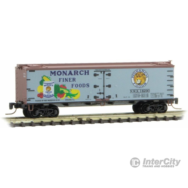 Micro Trains Z 51800710 40' Wood-Sheathed Ice Reefer - Ready to Run -- Monarch Finer Foods NWX 14200 (gray, Boxcar Red, Farm-to-Table Car 1)