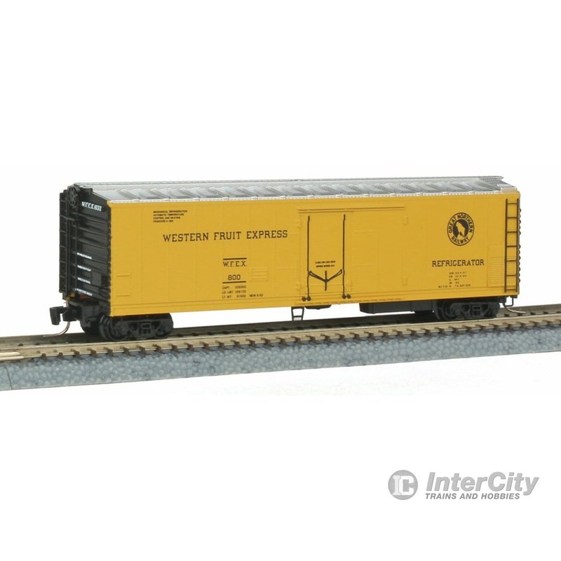 Micro Trains Z 54800041 51' Riveted-Side Mechanical Reefer - Ready to Run -- Western Fruit Express #800 (yellow, Boxcar Red, GN Rocky Silhouette Logo)