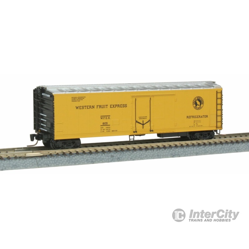 Micro Trains Z 54800042 51' Riveted-Side Mechanical Reefer - Ready to Run -- Western Fruit Express #805 (yellow, Boxcar Red, GN Rocky Silhouette Logo)