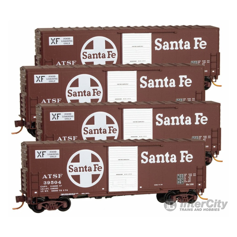 Micro Trains Z 99400075 40' Single-Door Boxcar No Roofwalk 4-Car Runner Pack - Ready to Run -- Santa Fe #39504, 39522, 39525, 39536 (Boxcar Red, white, Large Logo & XF)