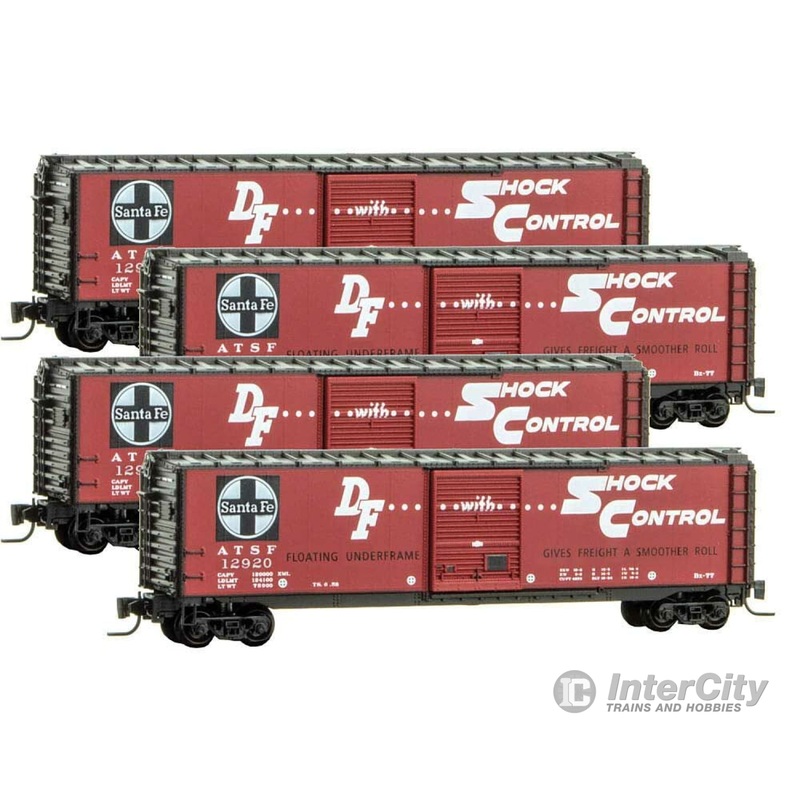 Micro Trains Z 99400107 50' Single-Door Boxcar 4-Pack - Ready to Run -- Santa Fe 12920, 12956, 12973, 12979 (red, black, Shock Control)