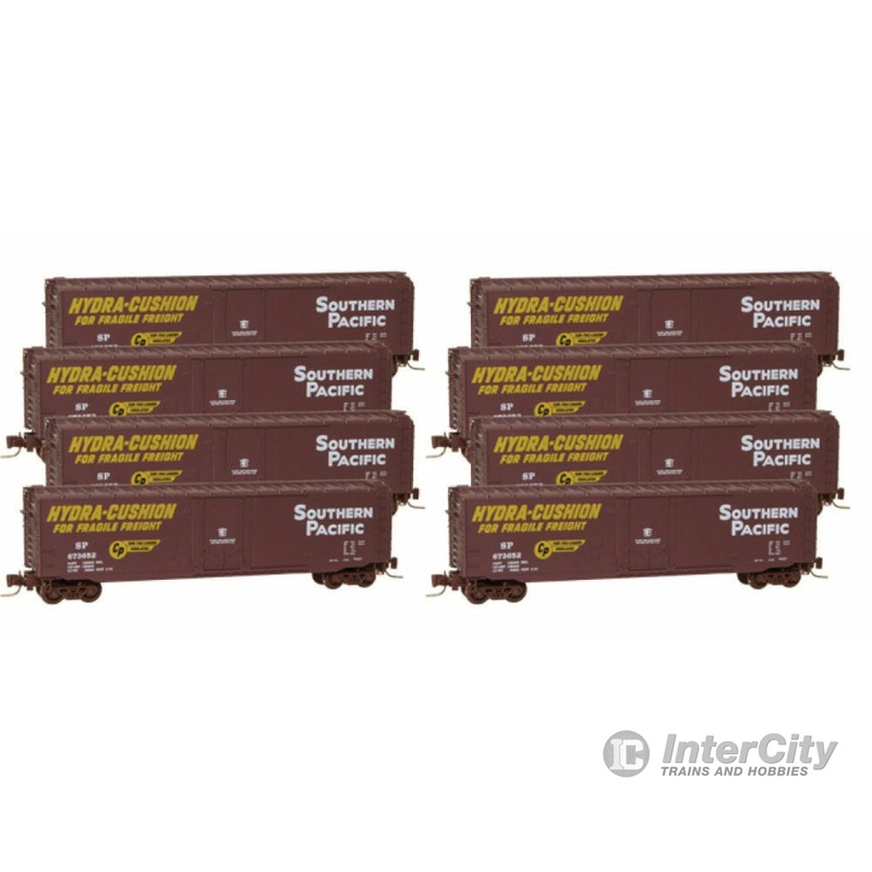 Micro Trains Z 99400808 50' Plug-Door Boxcar 8-Car Runner Pack - Ready to Run -- Southern Pacific (boxcar Red, yellow, Large Hydra-Cushion Markings)