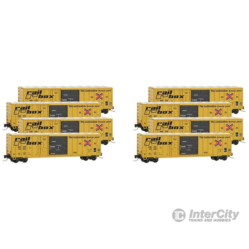 Micro Trains Z 99400811 50' Rib-Side Plug and Sliding Door Boxcar No Roofwalk 8-Pack - Ready to Run -- Railbox (yellow, black, Large Logo)