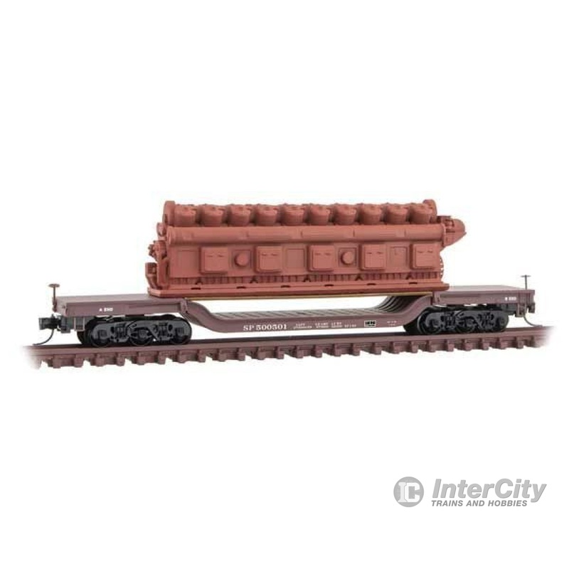 Micro Trains N 10900093 Heavyweight 6-Axle Depressed-Center Flatcar, Marine Motor Load - Ready to Ru -- Southern Pacific 500501 (Boxcar Red)