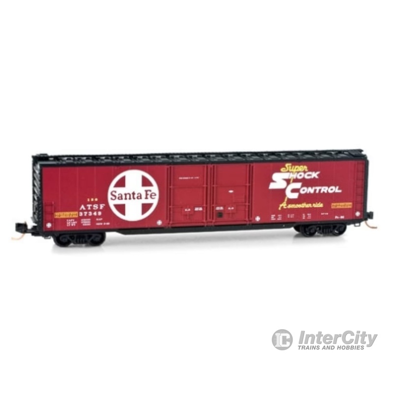 Micro Trains N 12200062 Greenville 60' Double-Door Boxcar w/41' 3" Wheelbase - Ready to Run -- Santa Fe #37360 (red, black, white, Large Logo & Super Shock Control Logo)