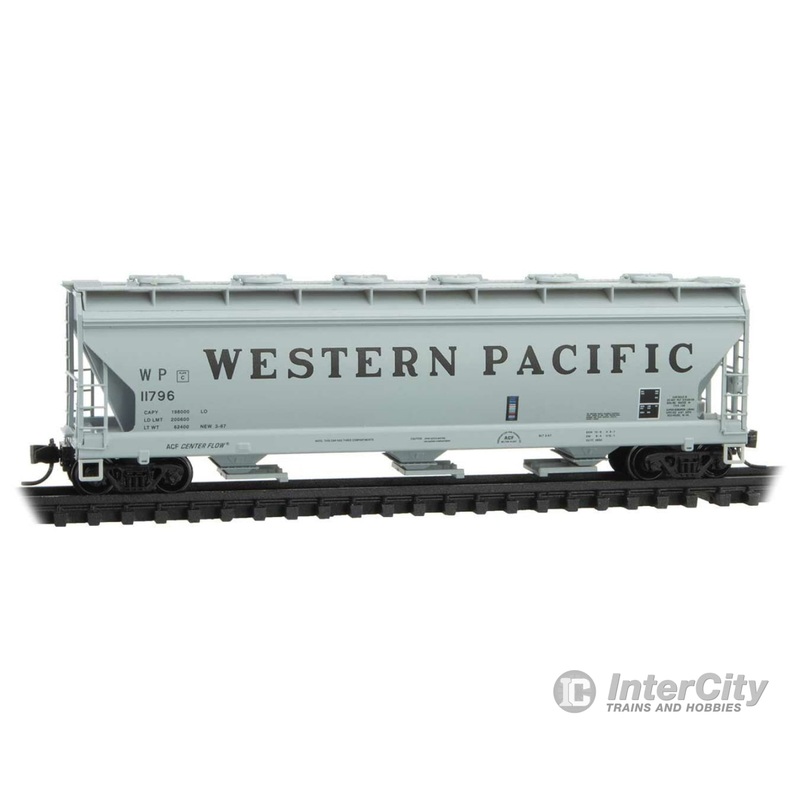Micro Trains N 9300180 ACF 3-Bay Center Flow Covered Hopper with Round Hatches - Ready to Run -- Western Pacific #11796 (gray, black, Billboard Lettering)