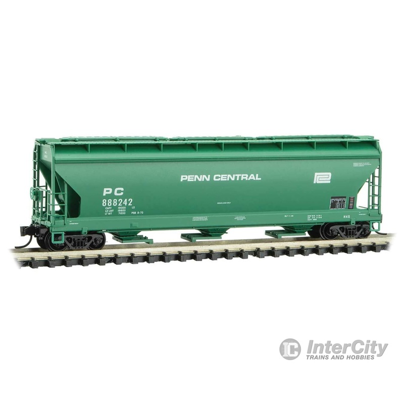 Micro Trains N 9400590 ACF 3-Bay Center Flow Covered Hopper with Elongated Hatches - Ready to Run -- Penn Central 888242 (Jade Green, white)