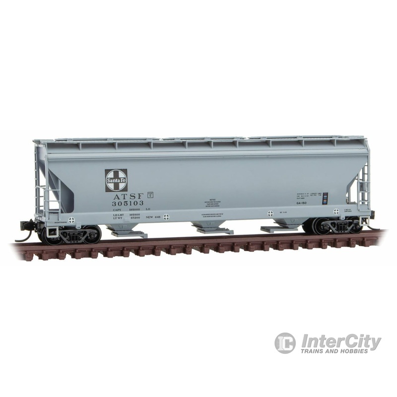 Micro Trains N 9400690 ACF 3-Bay Center Flow Covered Hopper with Elongated Hatches - Ready to Run -- Santa Fe 305103 (gray, black, white, Square Logo)