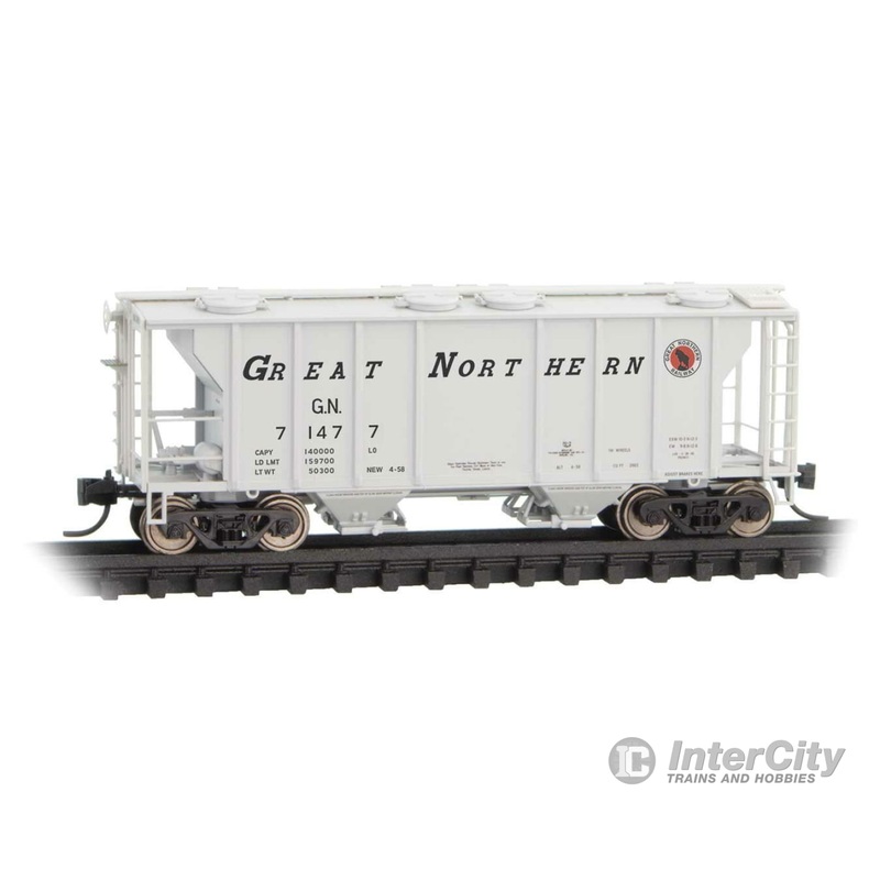 Micro Trains N 9500012 Pullman-Standard PS-2 2-Bay Covered Hopper - Ready to Run -- Great Northern #2 (gray, black, red, Slanted Lettering, Small Rocky Logo)