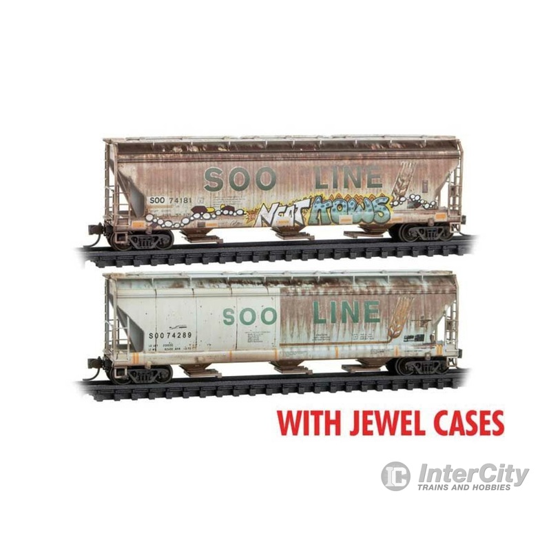 Micro Trains N 98305047 ACF 3-Bay Center Flow Covered Hopper, Hatches 2-Pack, Foam Nest - Ready to R -- Soo Line #74181, 74289 (Weathered, gray, green, yellow, graffiti)