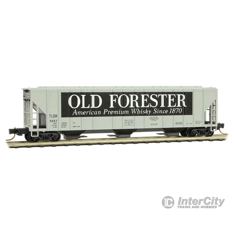 Micro Trains N 9900180 Evans 100-Ton 3-Bay Covered Hopper - Ready to Run -- Old Forester TLDX 5657 (gray, white, black)