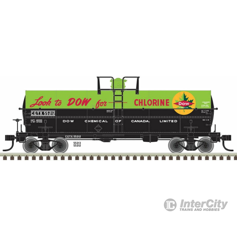 Atlas HO 20005483 11,000-Gallon Tank Car No Platform - Ready to Run - Master(R) -- Dow Canada CGTX 55213 (green, black, red, Chlorine)