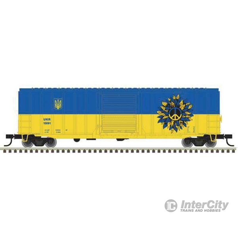 Atlas Trainman N 50006268 50' 6" Boxcar - Ready to Run -- Ukraine #1991 (Peace Symbol; blue, yellow)