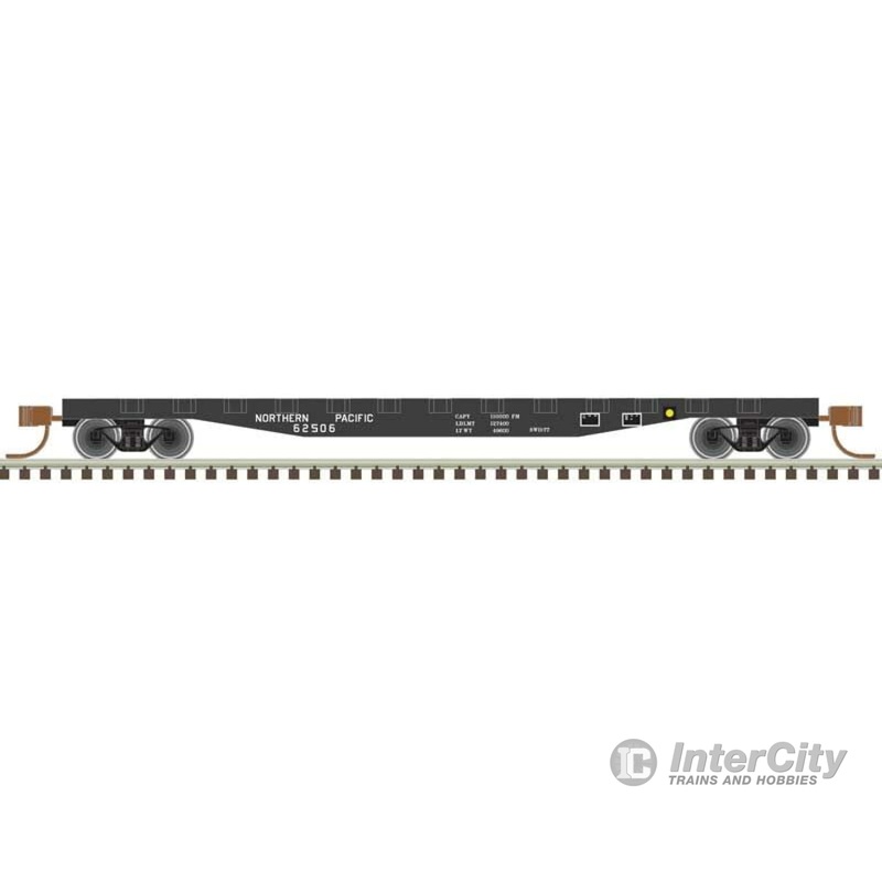Atlas Trainman N 50005567 50' Steel Flatcar with Stakes - Ready to Run -- Northern Pacific 62552 (black, white)