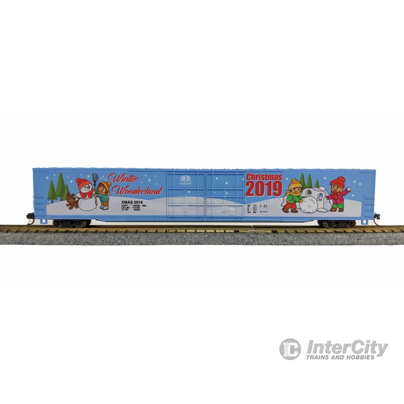 Con-Cor N 7000 85' Boxcar - Ready to Run -- "Christmas 2019 - Winter Wonderland" (blue, Color Graphics)