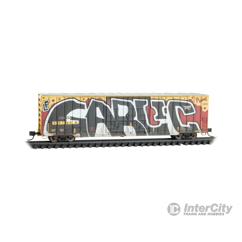 Micro Trains N 12344023 60' Rib-Side, Double-Plug-Door High-Cube Boxcar - TTX TBOX #667639 (Weathered, yellow, black, graffiti)