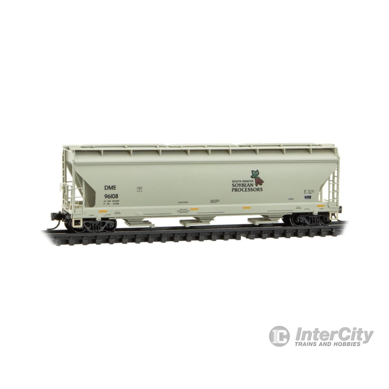 Micro Trains N 9400910 ACF 3-Bay Center Flow Covered Hopper with Elongated Hatches - South Dakota Soybean Processors DME #96108 (gray, brown, green)