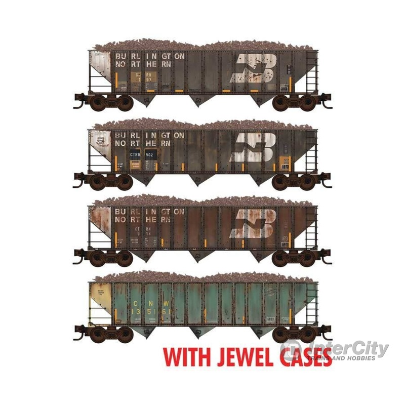 Micro Trains N 98305075 100-Ton 3-Bay Ribside Open Hopper w/Sugar Beet Load 4-Pack - CNW #135161 (green) CTRN #193, 502, 914 (Ex-BN, black)