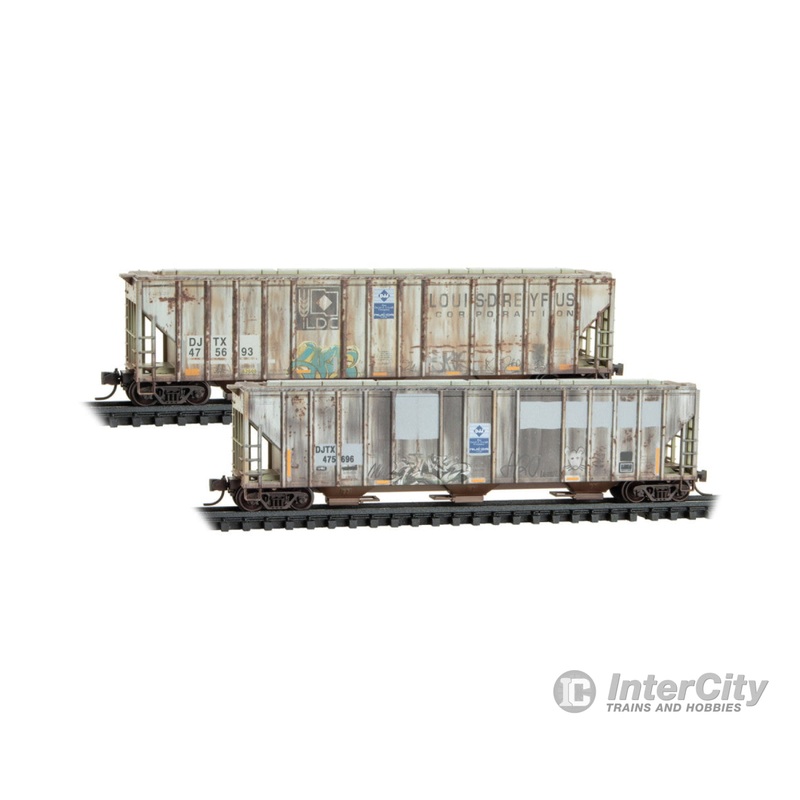 Micro Trains N 98305088 Evans 100-Ton 3-Bay Covered Hopper 2-Pack - David J Joseph DJTX #475696, 475693 (Ex-Louis Dreyfus, Weathered, graffiti)