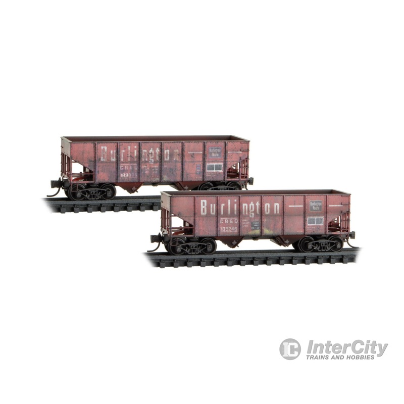 Micro Trains N 98305089 33' 2-Bay Rib-Side Hopper 2-Pack - Chicago, Burlington & Quincy #189248, 189023 (Weathered, red, white)