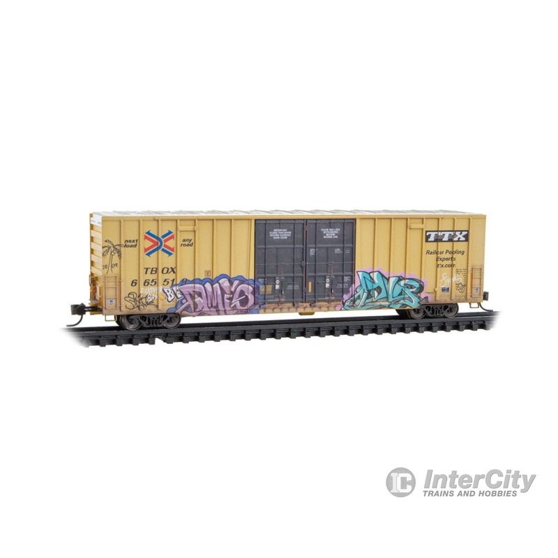 Micro Trains N 12344018 60' Rib-Side, Double-Plug-Door High-Cube Boxcar - Ready to Run - TTX RBOX #665519 (Weathered, yellow, black, graffiti)