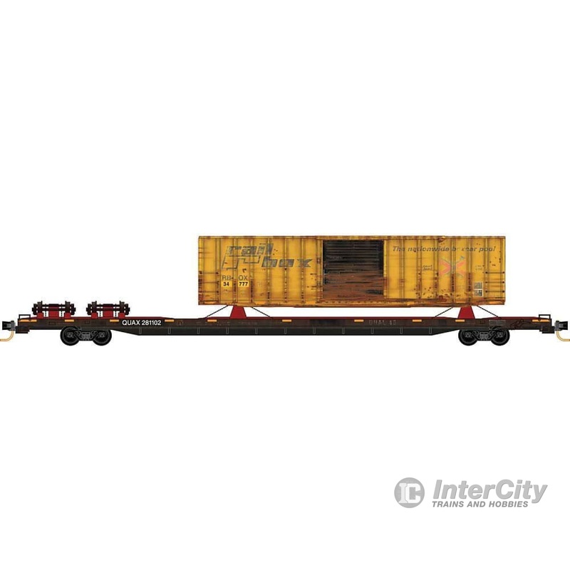 Micro Trains N 7100580 89'4" TOFC Intermodal Flatcar with Wrecked Car Load - Ready to Run -- Redstreak Specialized Railcar Services QUAX (weathered, Boxcar Load)