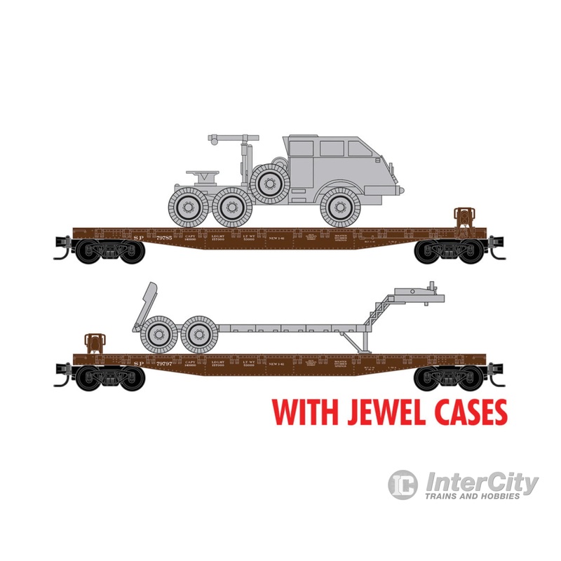 Micro Trains N 98302264 50' Fishbelly-Side Flatcar w/Dragon Wagon Truck Kit 2-Pack - Southern Pacific #79797, 79785 (Boxcar Red, white, Undec Truck)