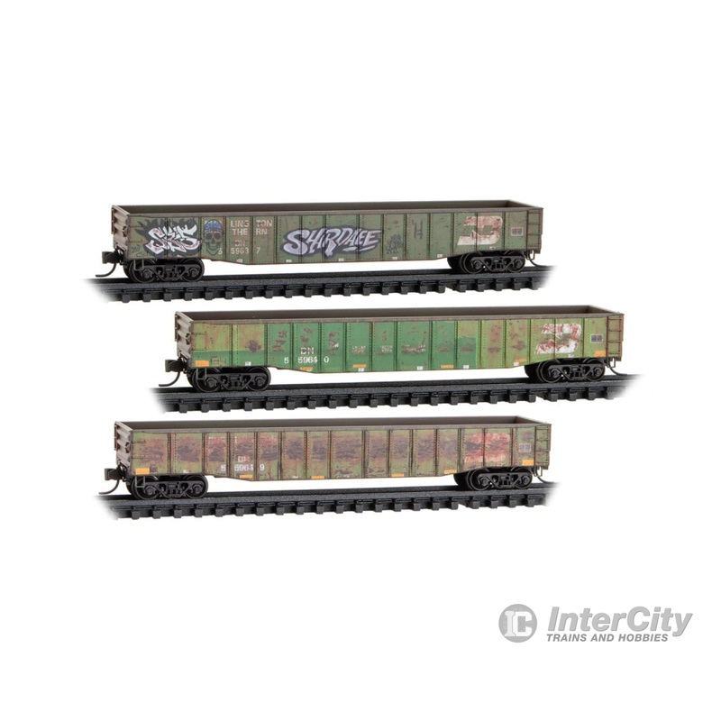 Micro Trains N 98305090 50' 15-Panel Fixed-End Gondola 3-Pack - Burlington Northern #559637, 559640, 559649 (Weathered, green, graffiti)