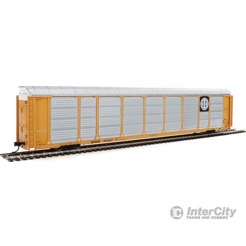 Walthers Life-Like HO 101413 89' Thrall Enclosed Tri-Level Auto Carrier - Ready to Run -- Burlington Northern Santa Fe Rack and Flat #303057 (yellow, Circle-Cross Logo)