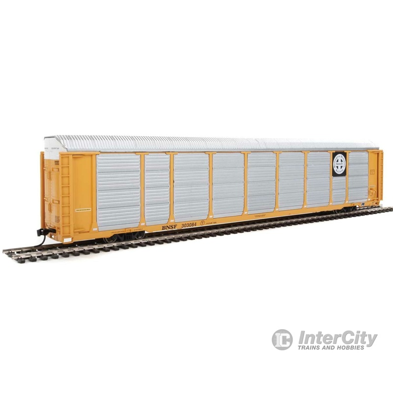 Walthers Life-Like HO 101415 89' Thrall Enclosed Tri-Level Auto Carrier - Ready to Run -- Burlington Northern Santa Fe Rack and Flat #303084 (yellow, Circle-Cross Log