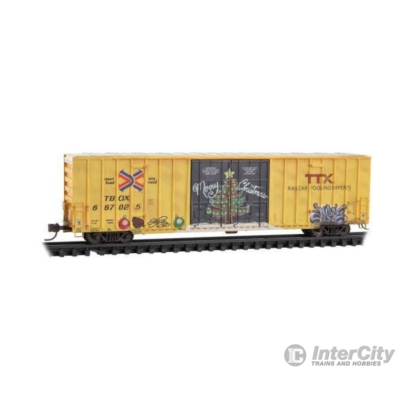 Micro Trains N 12344012 60' Rib-Side, Double-Plug-Door High-Cube Boxcar - Ready to Run - TTX TBOX #667025 (Weathered, yellow, black, red logo, Christmas graffiti)