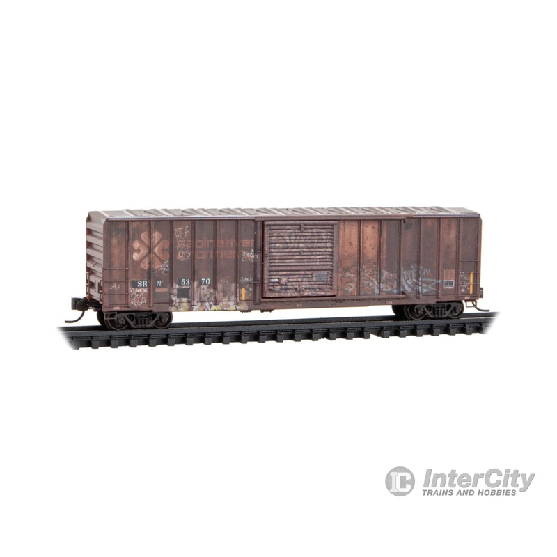 Micro Trains N 2544396 50' Rib-Side Single-Door Boxcar No Roofwalk - Sabine River & Northern #5370 (Weathered, red, graffiti)