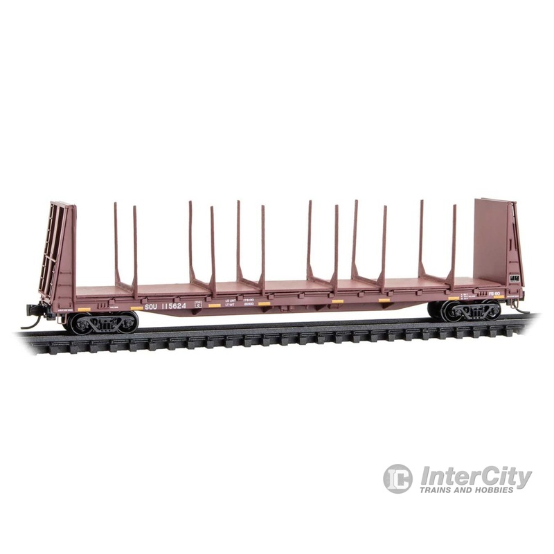Micro Trains N 5400430 61' 8" Bulkhead Flatcar with Log Bunks - Ready to Run - Norfolk Southern SOU #115624 (Boxcar Red, yellow conspicuity marks)