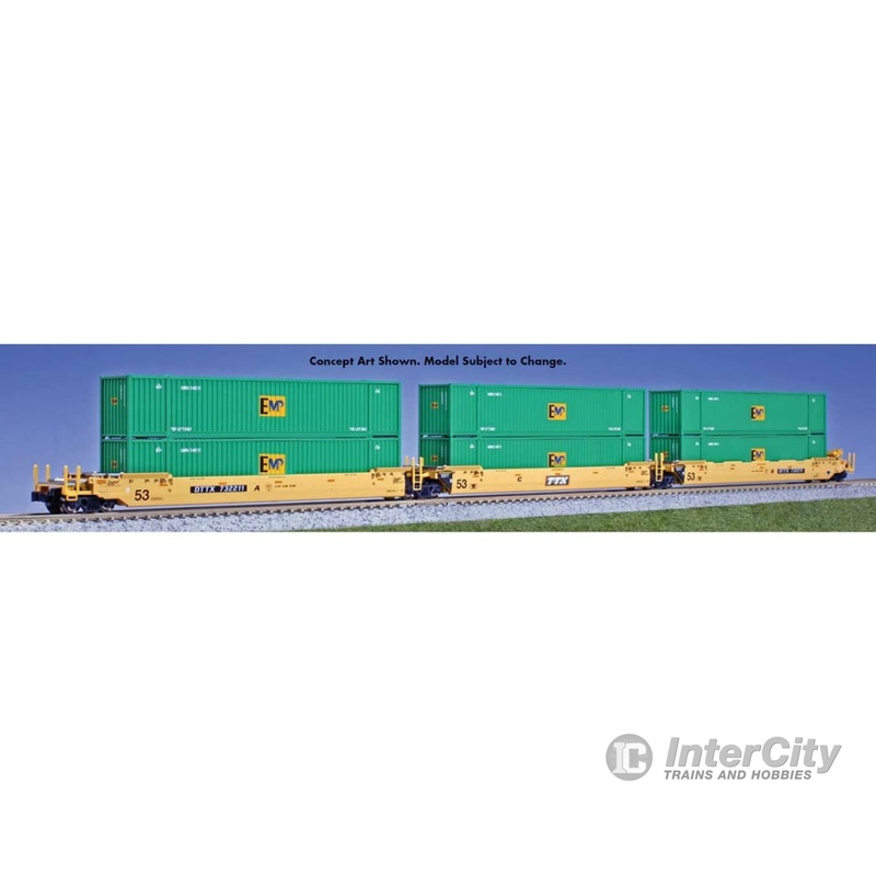 Kato N 1066187 Gunderson MAXI-IV 3-Unit Well Car with 6 53' Containers - Ready to Run -- TTX DTTX #732256 (yellow, black, white, EMP Containers, green)