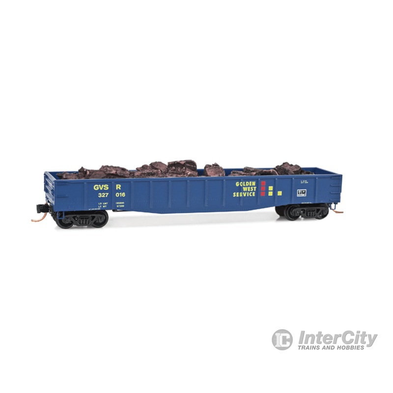 Micro Trains N 10500130 50' 15-Panel Fixed-End Gondola w/Various Loads - Ready to Run -- Golden West Service GVSR #327016 (blue, yellow, red)