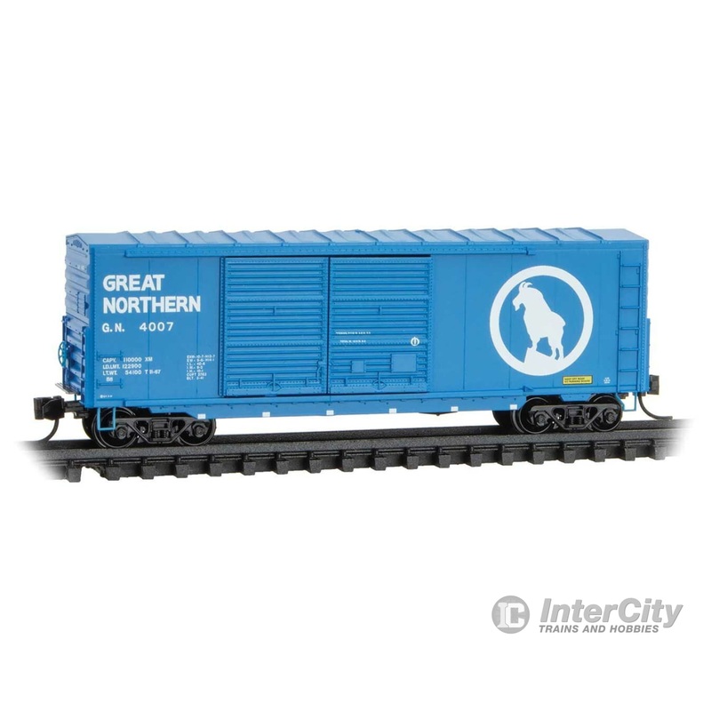 Micro Trains N 6800520 40' Double-Door Boxcar No Roofwalk & High Ladders - Ready to Run -- Great Northern #4007 (Big Sky Blue, white, Large Rocky Logo)