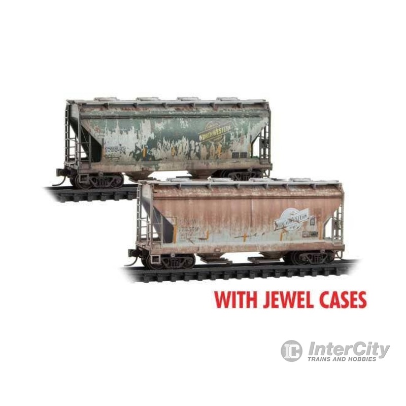 Micro Trains N 98305084 ACF 39' 2-Bay Center-Flow Covered Hopper - Round Hatch - Ready to Run 2-Pack - Chicago & North Western #175542, 175579 (Weathered green & gray)