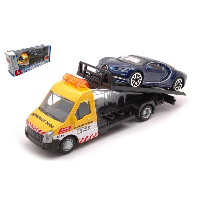 SCALE MODEL COMPATIBLE WITH BUGATTI CHIRON + FLATBED TRANSPORTER 1:43 BURAGO BU31409