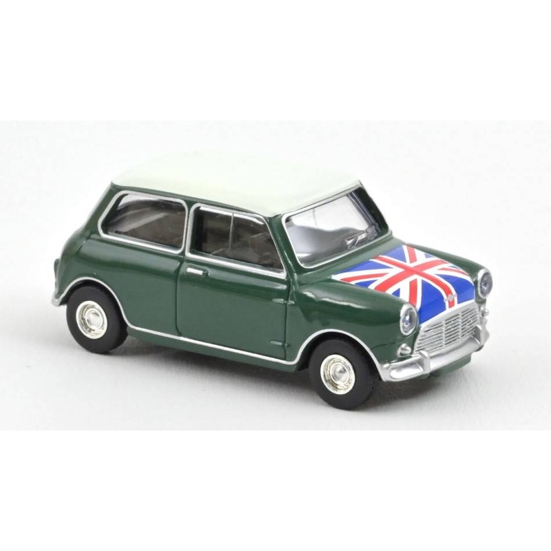 SCALE MODEL COMPATIBLE WITH MINI COOPER S 1964 ALMOND GREEN AND FLAG ON BONNET 1:54 NOREV NV310524