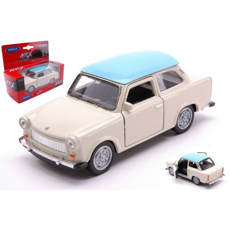 SCALE MODEL COMPATIBLE WITH TRABANT 601 CREAM W/LIGHT BLUE ROOF 11 cm WELLY WE43654SCR