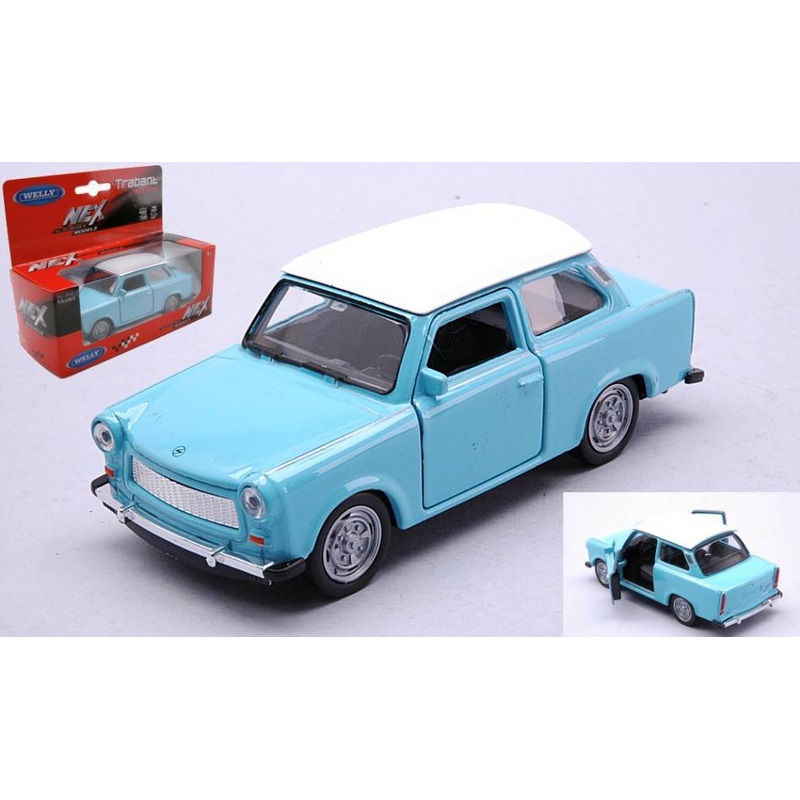 SCALE MODEL COMPATIBLE WITH TRABANT 601 LIGHT BLUE W/WHITE ROOF 11 cm WELLY WE43654SB